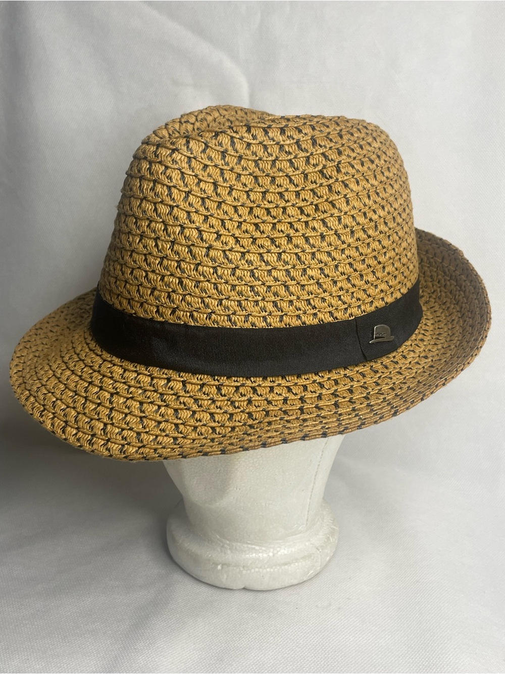 Scala Paper Braid Fedora Trilby Hat Tea Black Grosgrain Band Signature Pin OSFM